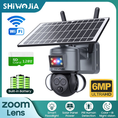 SHIWOJIA 4G SIM / WIFI 12X ZOOM Red/Blue alarm Floodlight Solar Battery PTZ Camera 6MP HD Wireless Security CCTV Including 12000mAh Battery 
