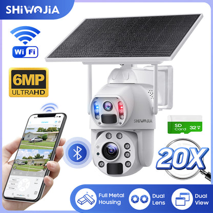 SHIWOJIA 10W Solar Panel Camera 4G SIM / WIFI 6MP 20X ZOOM Solar 20000mAh Battery Cameras 360° Outdoor Dual Lens Recording Humanoid Cam 