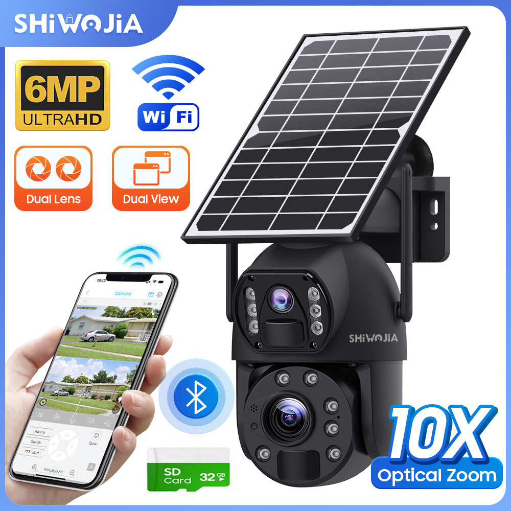 SHIWOJIA 10X Optical Zoom 4G SIM / WIFI Cellular Security Camera Dual-Lens,Dual View 6MP Solar Camera Wireless Outdoor,Siren Alarm,Color Night Vision,Dual Screen. Built-in Battery 