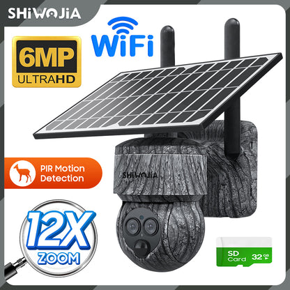 SHIWOJIA 6MP Solar Cameras 4G SIM / WIFI Wireless Outdoor 360° View Animal Monitoring Camouflage Color 12X Zoom Solar Battery PTZ Camera 