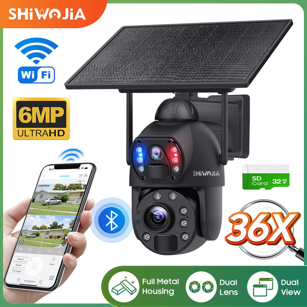 SHIWOJIA 36X Optical add Digital Zoom 4G SIM / WIFI Cellular Security Camera Dual-Lens,6MP Solar Camera Wireless Outdoor,Siren Alarm,Color Night Vision,Dual Screen,Built-in Battery
