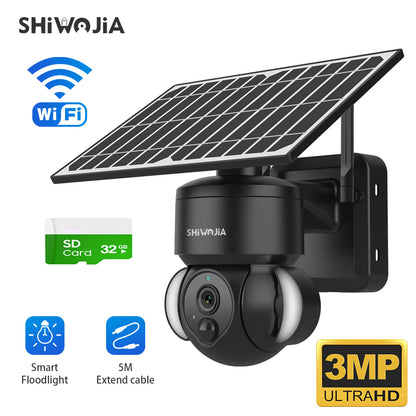 SHIWOJIA 3MP Solar Camera 4G SIM / WIFI Security Outdoor Recording Humanoid Tracking Floodlight Solar Battery PTZ Camera 