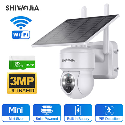 SHIWOJIA 4G SIM / WIFI Solar Security Cameras WIFI Wireless Outdoor 3MP View Animal Monitoring MiNi Solar Battery PTZ Camera Built-in Battery 