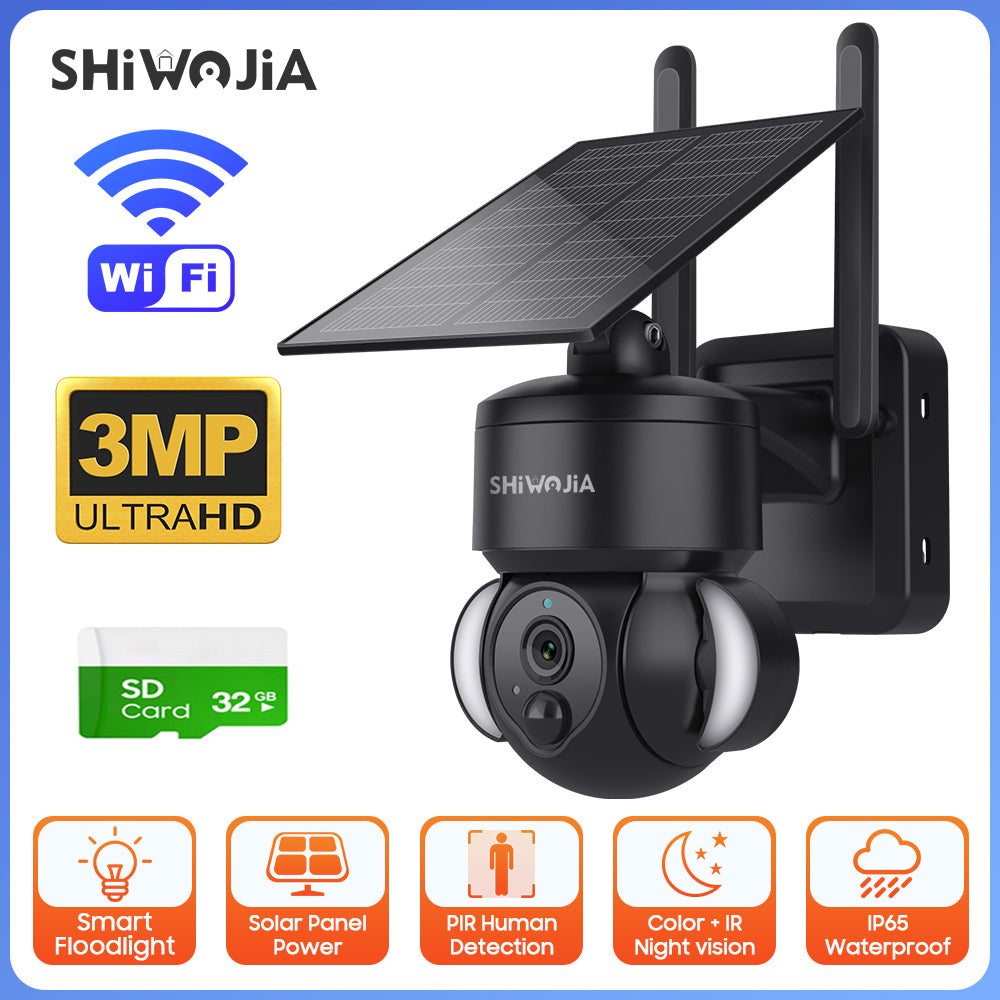 SHIWOJIA Outdoor Camera 4G SIM /WIFI Solar Powered 7800mAh Battery with 5W Solar Panels 3MP Color Night Vision Wireless Garden CCTV.Built-in Battery
