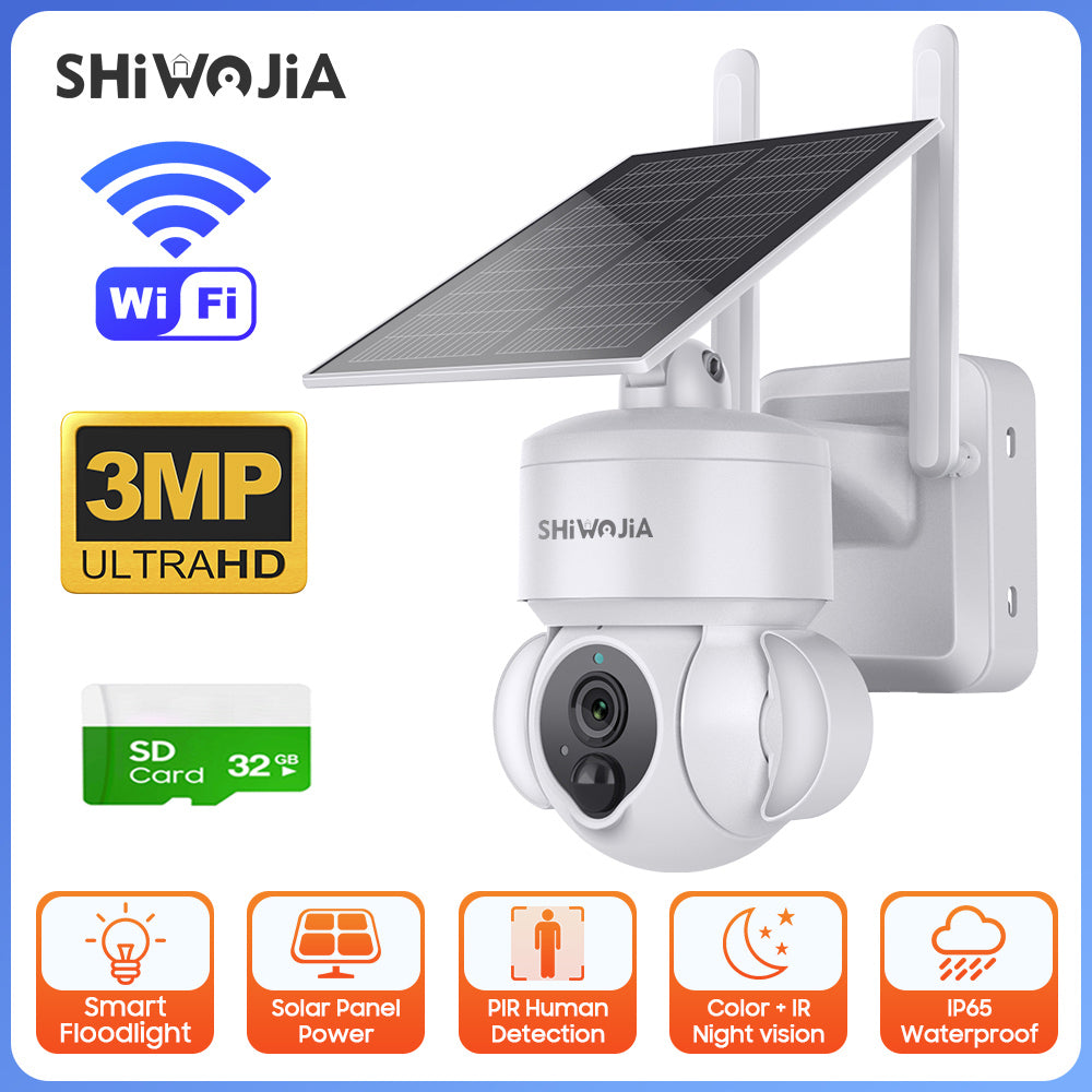 SHIWOJIA Outdoor Camera 4G SIM /WIFI Solar Powered 7800mAh Battery with 5W Solar Panels 3MP Color Night Vision Wireless Garden CCTV.Built-in Battery