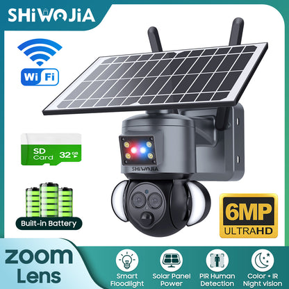 SHIWOJIA 4G SIM / WIFI 12X ZOOM Red/Blue alarm Floodlight Solar Battery PTZ Camera 6MP HD Wireless Security CCTV Including 12000mAh Battery 