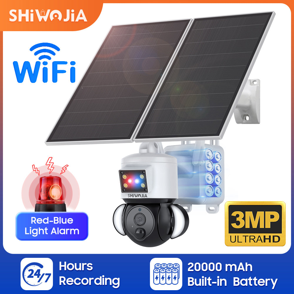 SHIWOJIA 3MP Solar Camera 4G SIM / WIFI Security Outdoor Recording Humanoid Tracking 20W Solar Battery Red Blue Alarm Floodlight PTZ Camera 