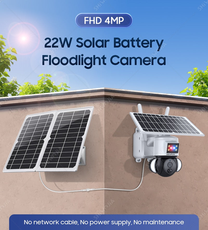SHIWOJIA Solar Camera 4G SIM Card 4MP Outdoor Waterproof PTZ Solar Battery CCTV 21700 baterries Red-Blue Light Alarm 