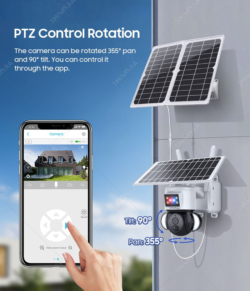 SHIWOJIA Solar Camera 4G SIM Card 4MP Outdoor Waterproof PTZ Solar Battery CCTV 21700 baterries Red-Blue Light Alarm 