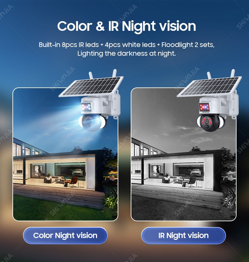 SHIWOJIA Solar Camera 4G SIM Card 4MP Outdoor Waterproof PTZ Solar Battery CCTV 21700 baterries Red-Blue Light Alarm 