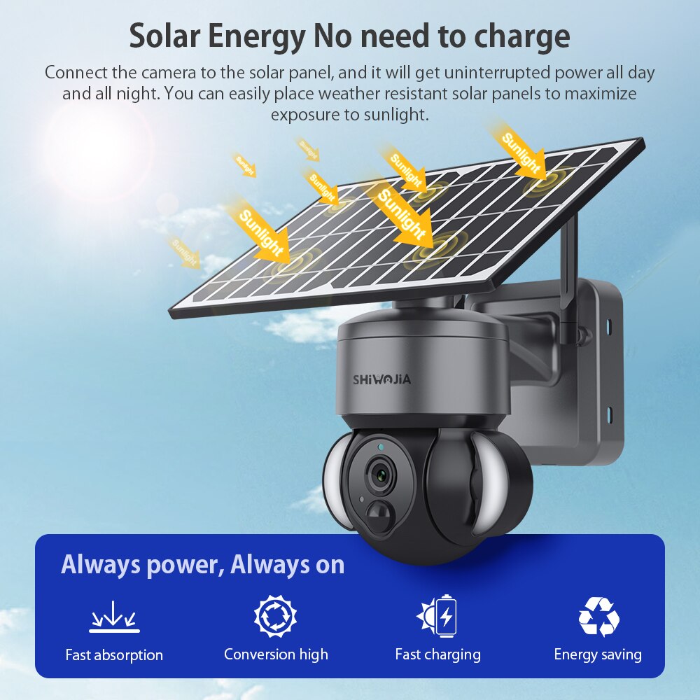 SHIWOJIA 3MP Solar Camera 4G Sim Card Solar Panel Surveillance Cameras Outdoor PIR PTZ Camera Security Protection Battery Cam 