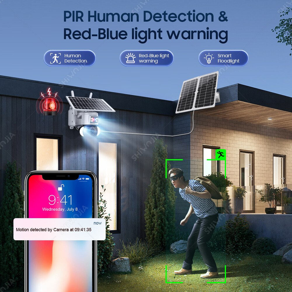 SHIWOJIA Solar Camera 4G SIM Card 4MP Outdoor Waterproof PTZ Solar Battery CCTV 21700 baterries Red-Blue Light Alarm 