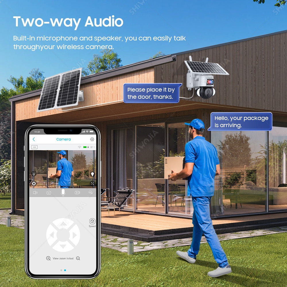 SHIWOJIA Solar Camera 4G SIM Card 4MP Outdoor Waterproof PTZ Solar Battery CCTV 21700 baterries Red-Blue Light Alarm 