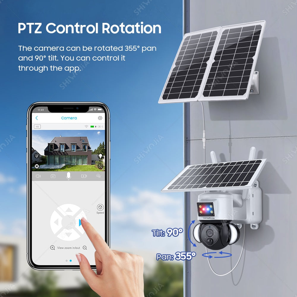SHIWOJIA Solar Camera 4G SIM Card 4MP Outdoor Waterproof PTZ Solar Battery CCTV 21700 baterries Red-Blue Light Alarm 